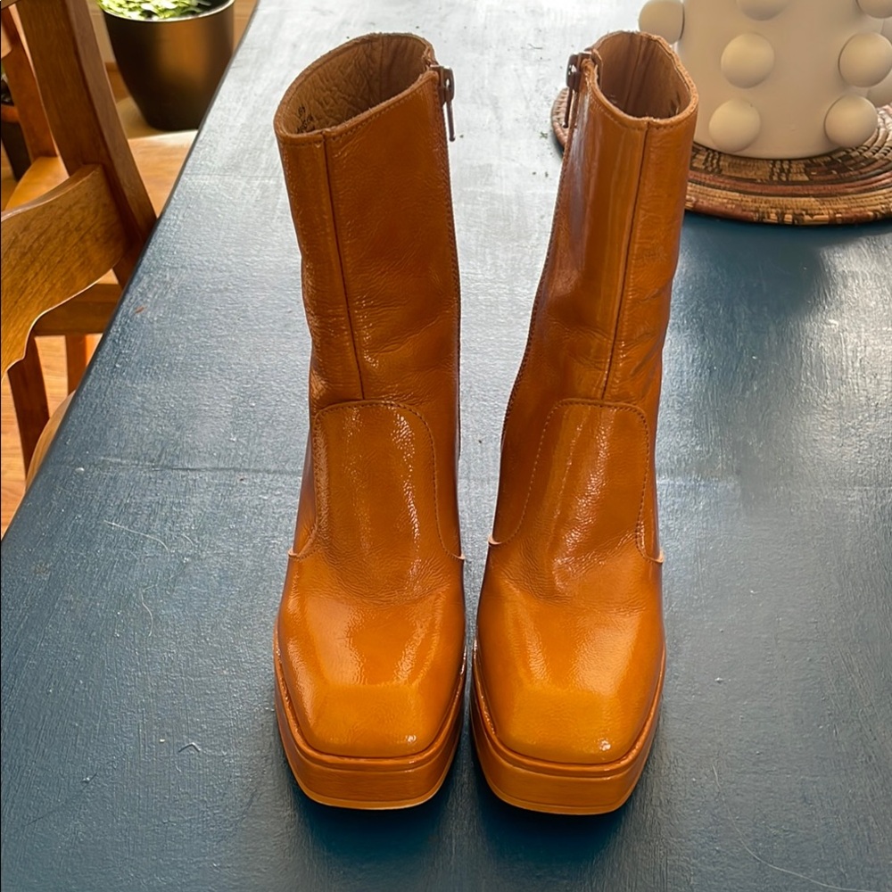 Free People Ruby Shine Platform Sedona Patent Tan Mustard Leather Boots 36.5 6.5